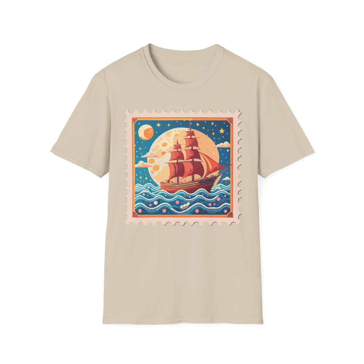 Vintage Sailing Ship Stamp T-Shirt | Retro Moon Ocean Illustration