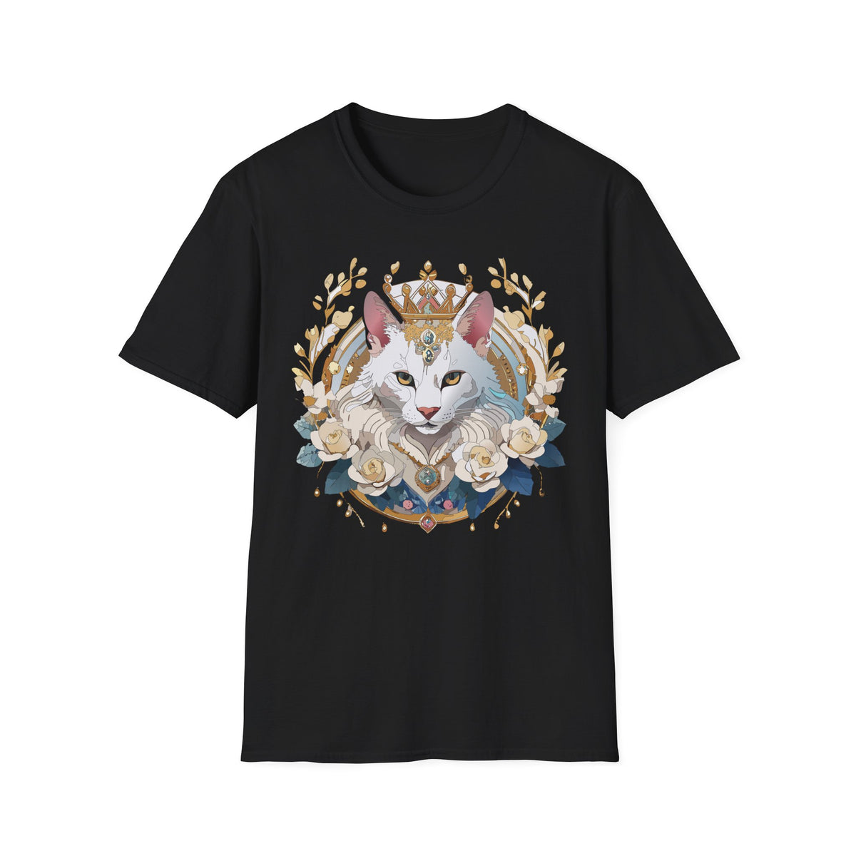 Regal White Cat Illustration T-Shirt | Crowned Feline, Floral Frame