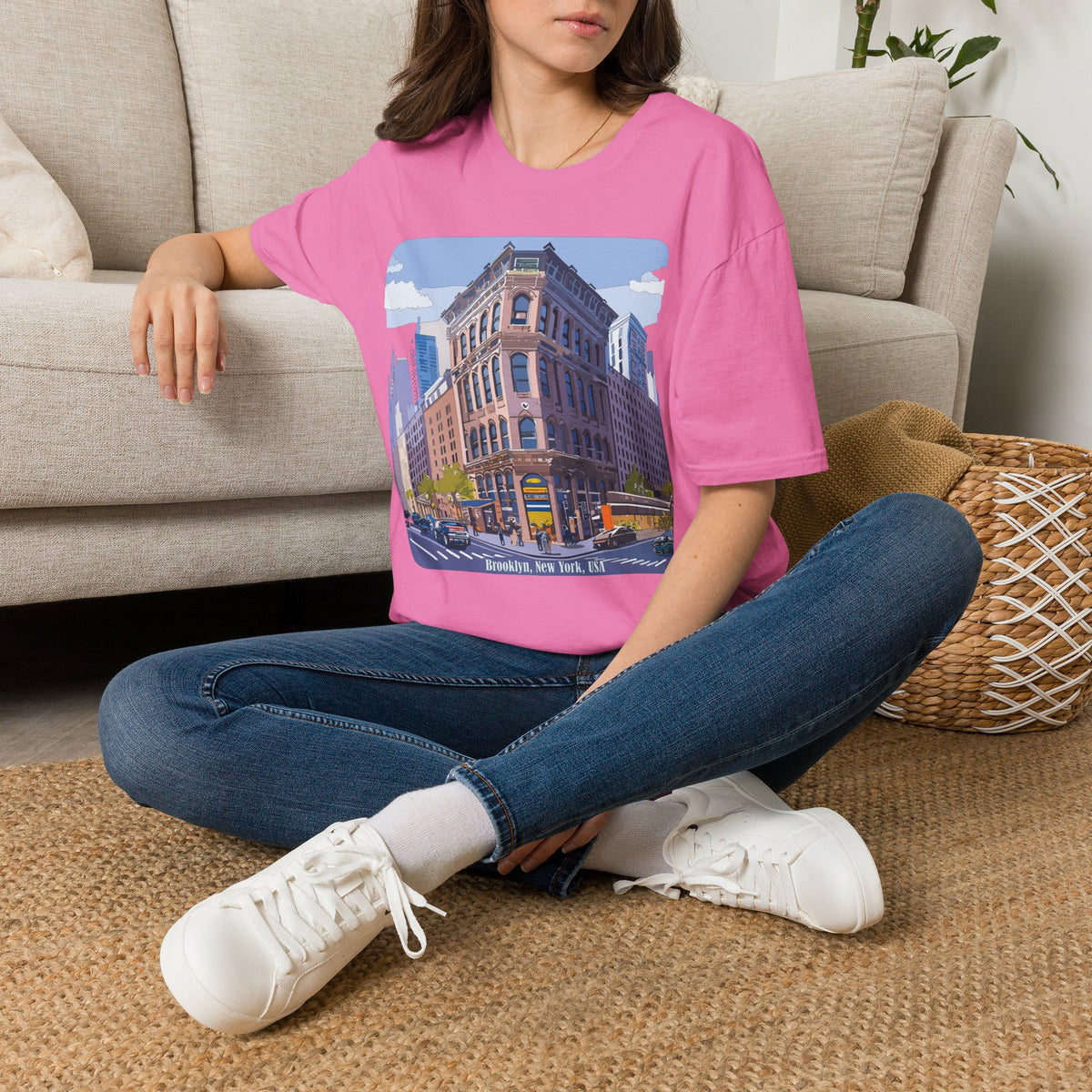 Brooklyn New York Retro Cityscape T-Shirt — Illustrated Landmark Tee Travel Tourist Graphic Design Unisex 100 Cotton Gildan T-Shirt