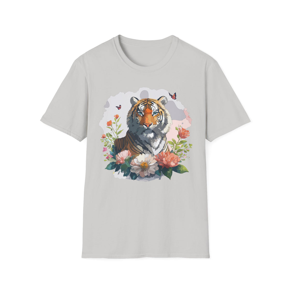 Floral Tiger Illustration T-Shirt | Tiger Portrait Tee, Butterfly Accents