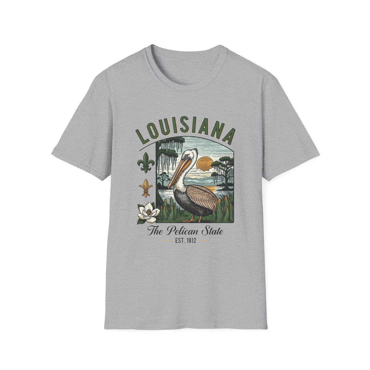 Louisiana Pelican State Graphic T-Shirt — Vintage Bayou Sunset Travel Tourist Graphic Design Unisex 100 Cotton Gildan T-Shirt
