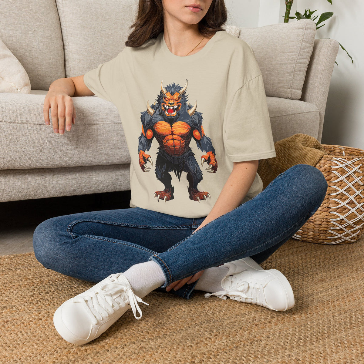 Werewolf Monster T-Shirt — Fierce Fiery Beast Cartoon Graphic Tee Unisex 100 Cotton Gildan T-Shirt