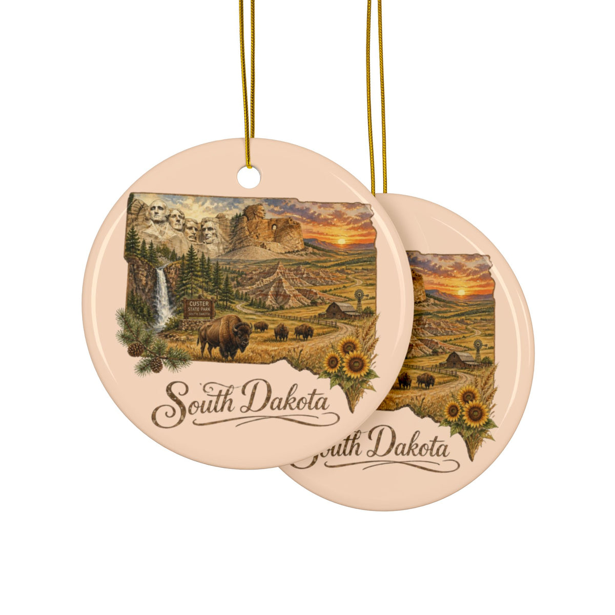 South Dakota Landscape Ceramic Ornament | State Scene Round Ornament - 2.99" Includes Gold String