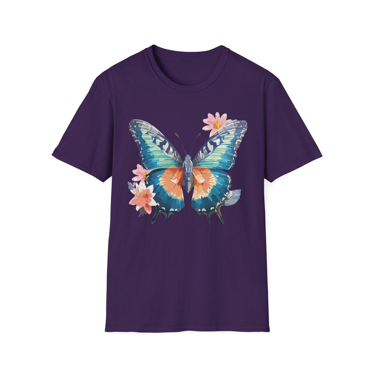 Butterfly Watercolor T-Shirt — Floral Blue Orange Butterfly Graphic Tee Unisex 100 Cotton Gildan T-Shirt