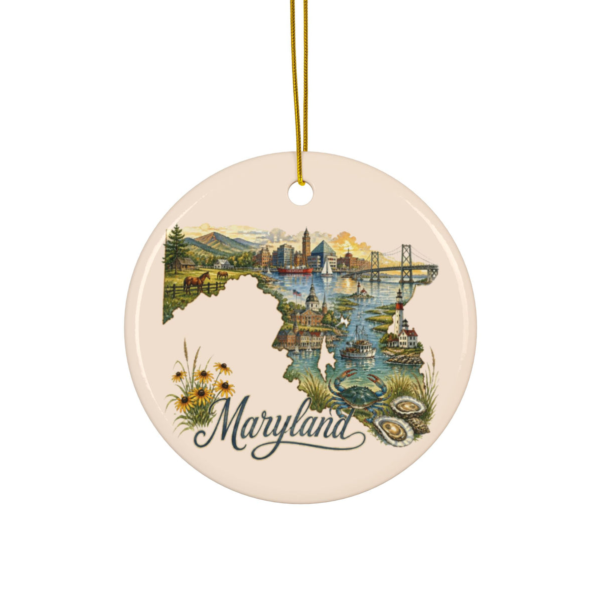 Maryland State Map Artwork Ornament | Ceramic Round Ornament - 2.99" Includes Gold String