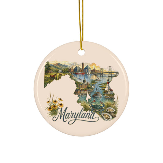 Maryland State Map Artwork Ornament | Ceramic Round Ornament - 2.99" Includes Gold String