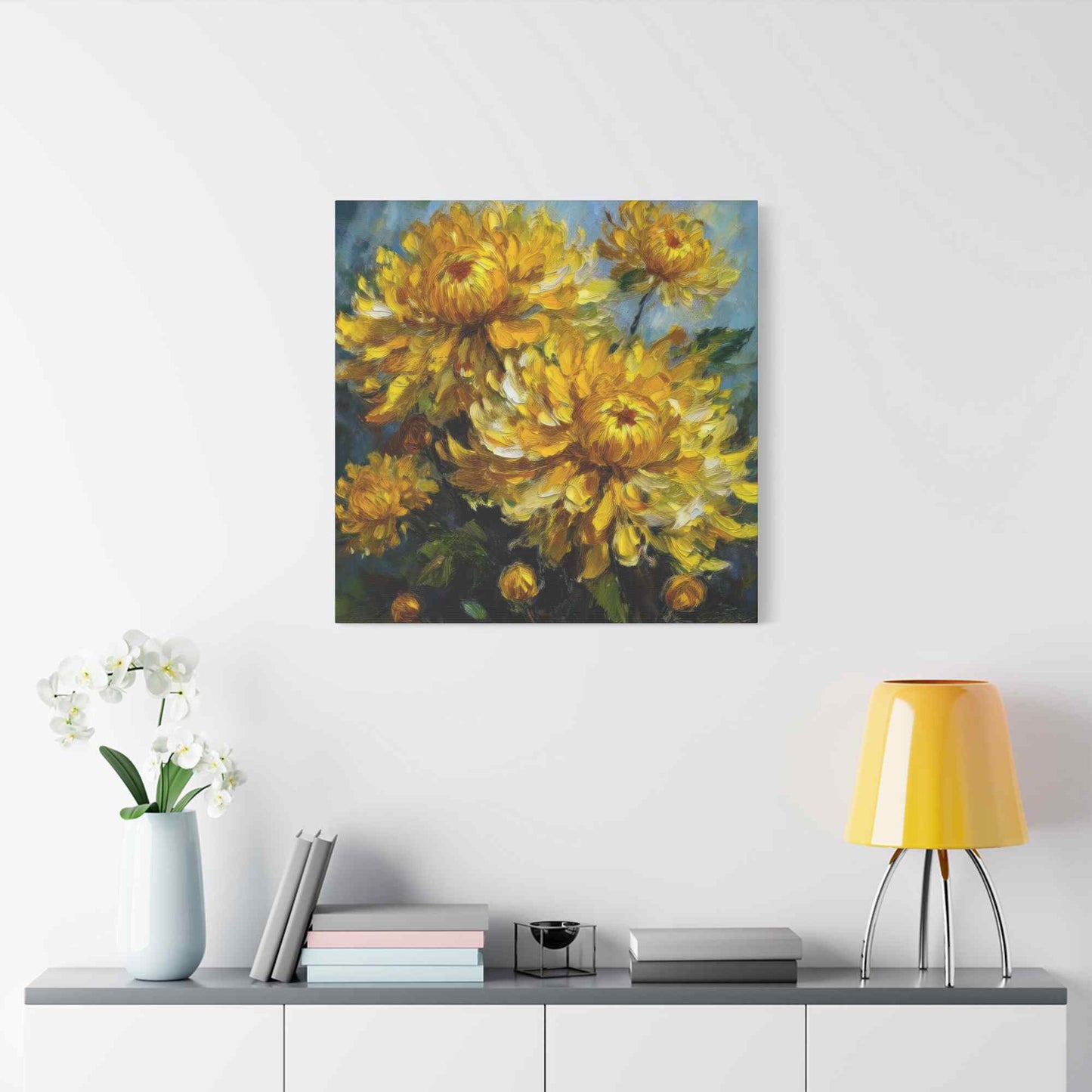 Chrysanthemums Print Canvas, Floral Oil Paint Print 20x20, 24x24, 30x30, 32x32, 36x36 Art Design Pine-Wood Inner Frame MC-163