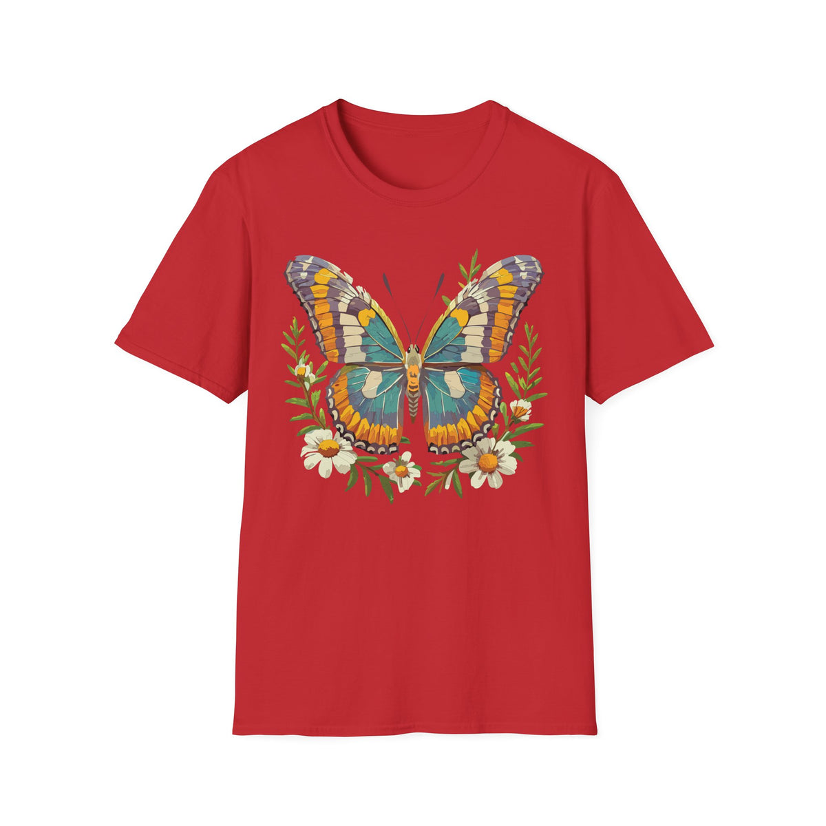 Teal Orange Butterfly T-Shirt | Floral Butterfly Illustration Graphic Tee Unisex 100 Cotton Gildan T-Shirt