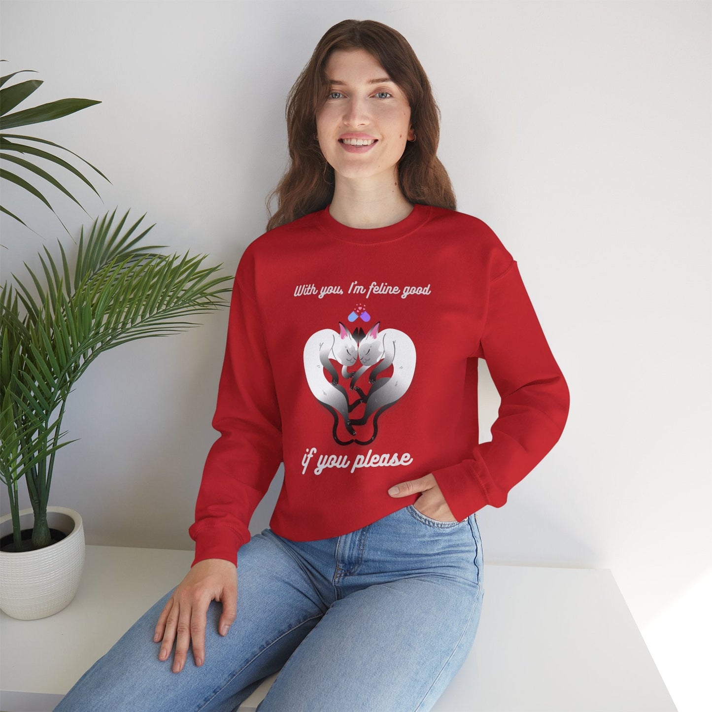 Double Cat Heart Sweatshirt Unisex Fifty Fifty Cotton Poly Valentines Day Sweatshirt