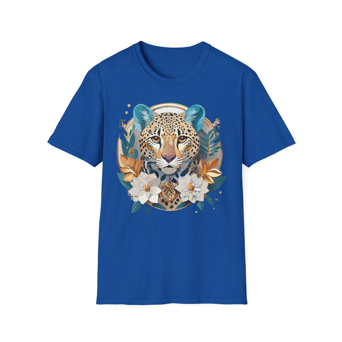 Boho Cheetah Face T-Shirt | Floral Leaves Illustration
