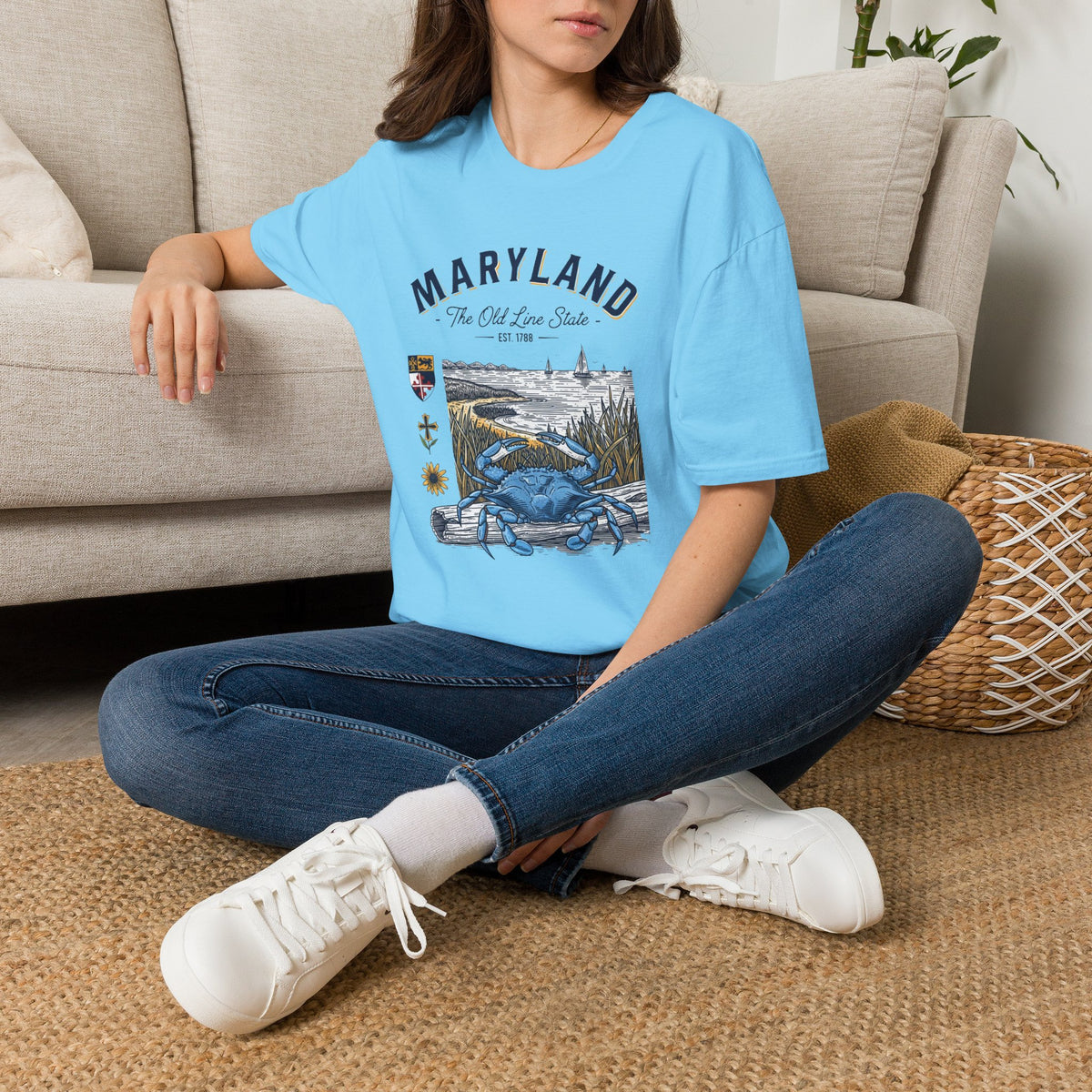 Maryland Blue Crab Scenic T-Shirt — The Old Line State Coastal Design Travel Tourist Graphic Design Unisex 100 Cotton Gildan T-Shirt