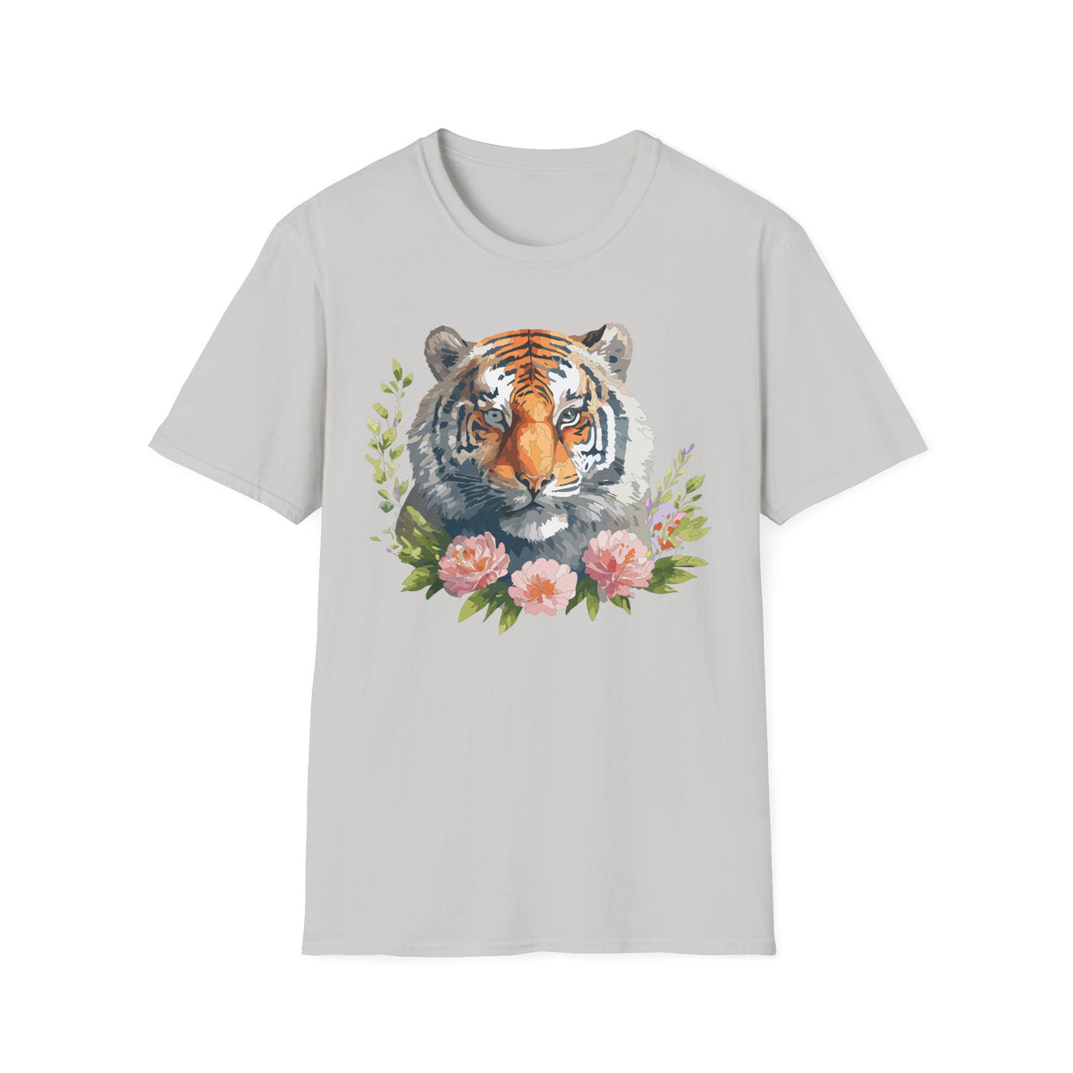 Watercolor Tiger Head T-Shirt | Floral Accents, Botanical Illustration