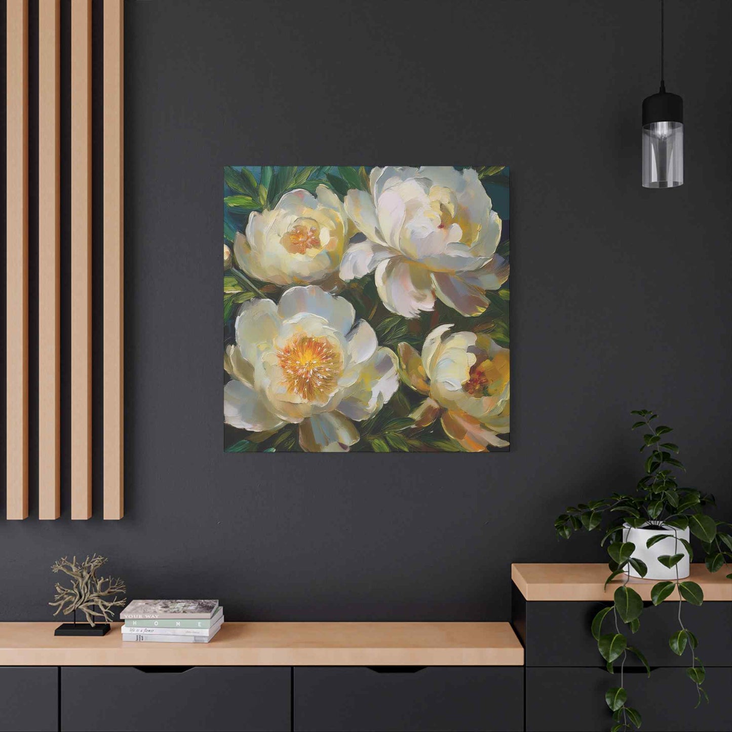 Cream Peonies Print Canvas, Floral Oil Paint Print 20x20, 24x24, 30x30, 32x32, 36x36 Art Design Pine-Wood Inner Frame MC-124