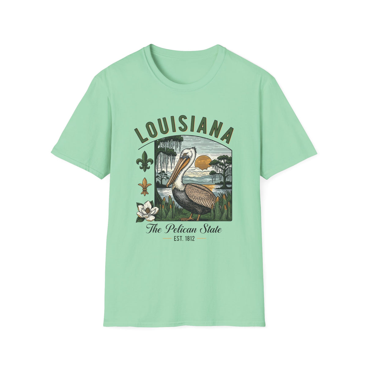 Louisiana Pelican State Graphic T-Shirt — Vintage Bayou Sunset Travel Tourist Graphic Design Unisex 100 Cotton Gildan T-Shirt