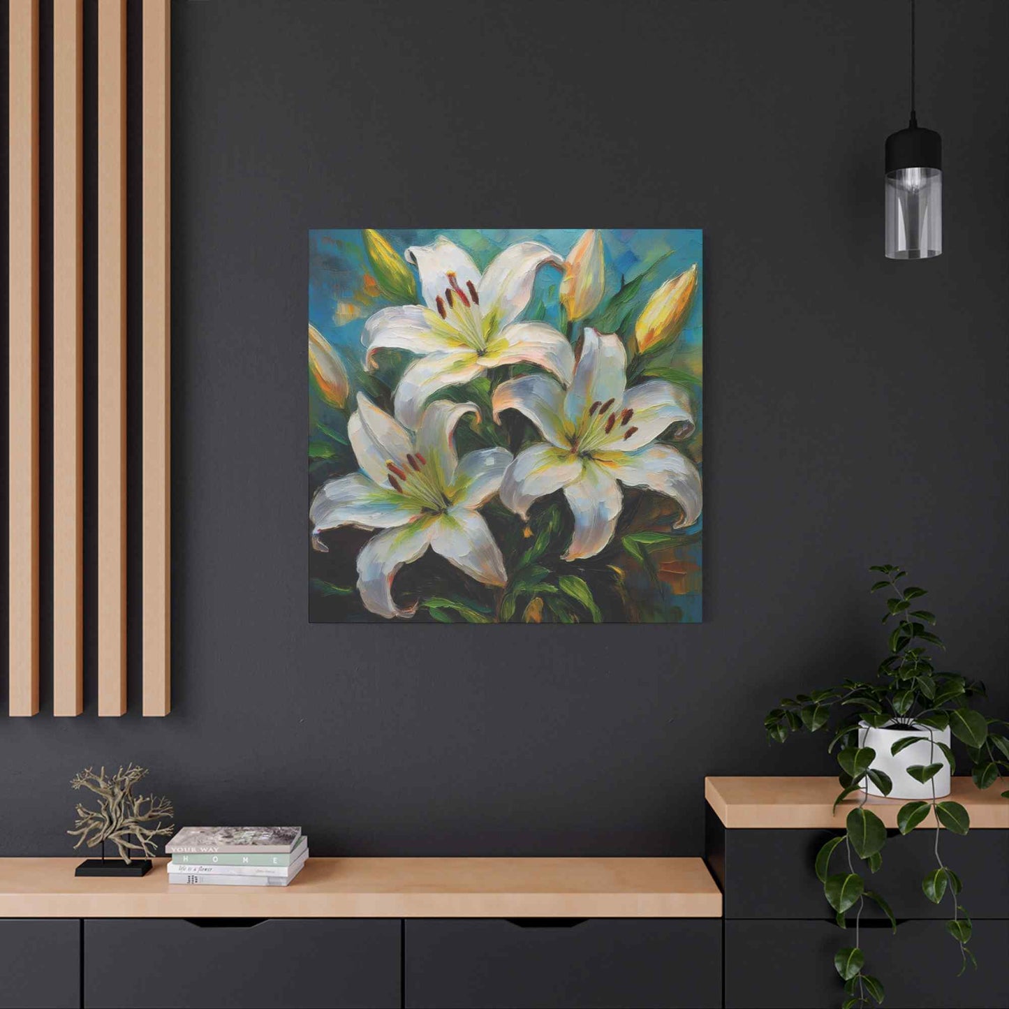 White Lilies Print Canvas, Floral Oil Paint Print 20x20, 24x24, 30x30, 32x32, 36x36 Art Design Pine-Wood Inner Frame MC-154