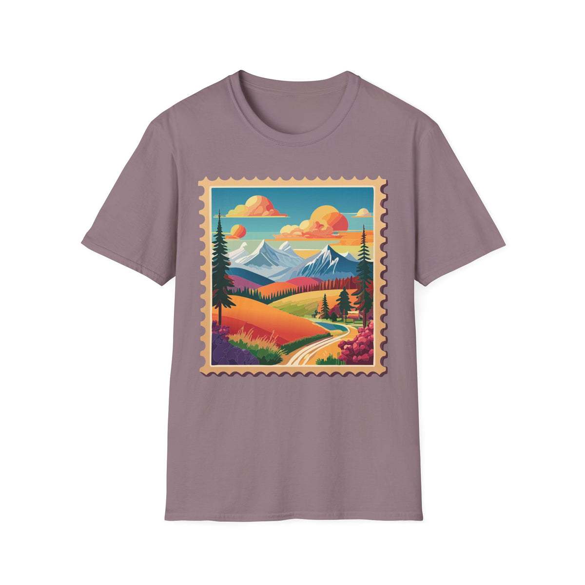 Vintage Mountain Landscape T-Shirt | Scenic Stamp Illustration