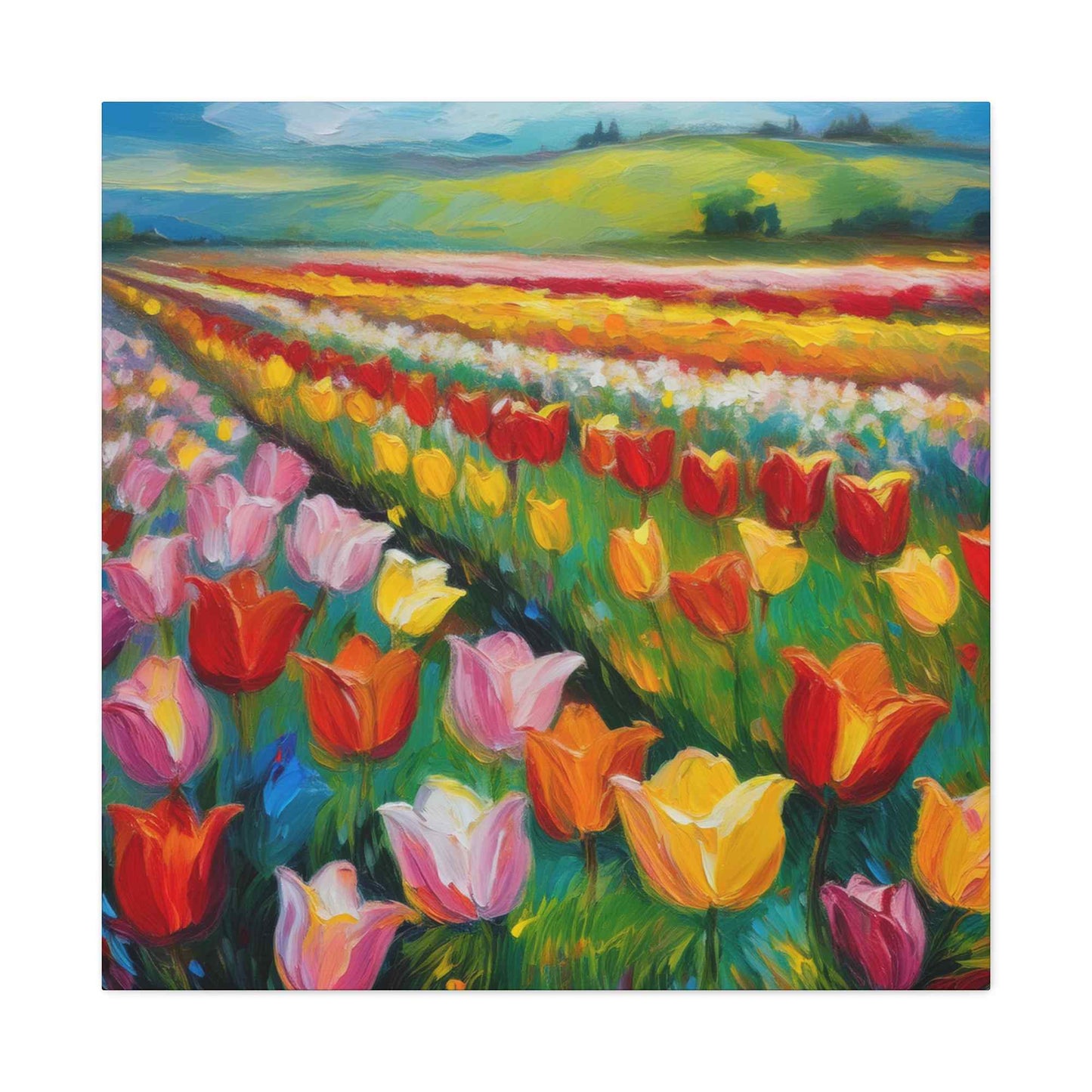 Tulips Fields Print Canvas, Floral Oil Paint Print 20x20, 24x24, 30x30, 32x32, 36x36 Art Design Pine-Wood Inner Frame MC-147