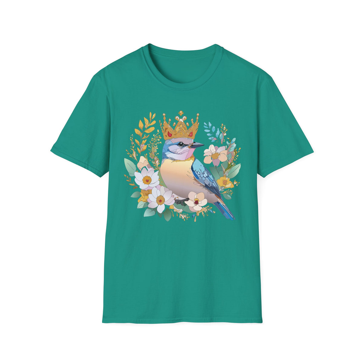 Crowned Bluebird Illustration T-Shirt | Floral Bird Crown Design
