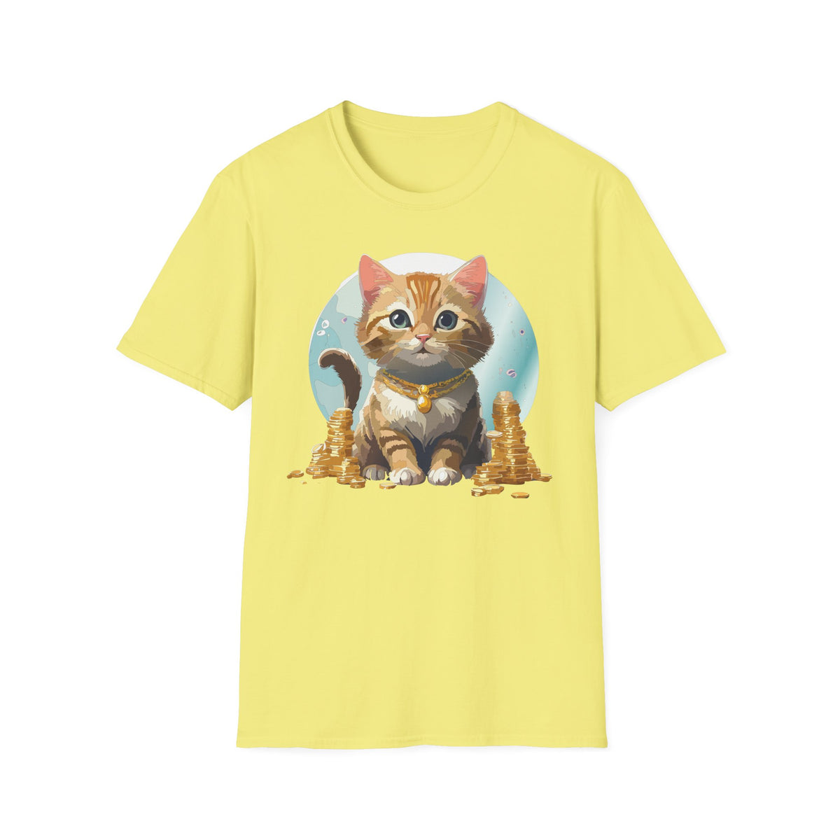 Lucky Cat Illustration T-Shirt | Cute Kitten with Coins