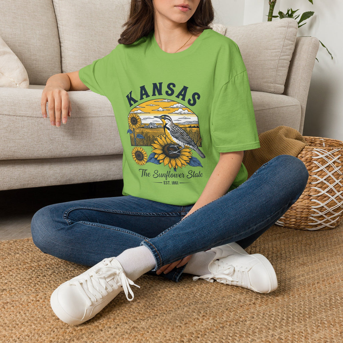 Kansas Sunflower State T-Shirt — Meadowlark Sunflowers Travel Tourist Graphic Design Unisex 100 Cotton Gildan T-Shirt