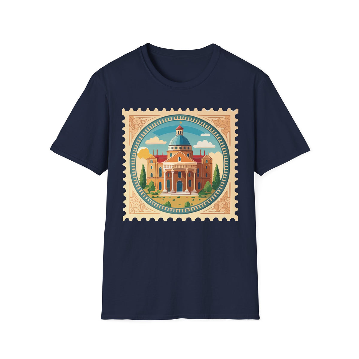 Vintage Postage Stamp Cityscape T-Shirt | Retro Basilica Graphic Tee Unisex 100 Cotton Gildan T-Shirt