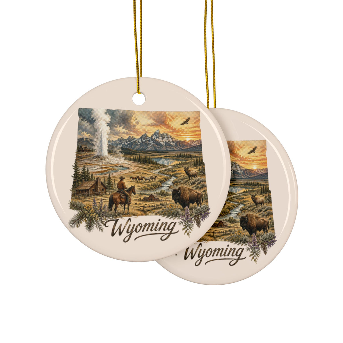 Wyoming Landscape Ceramic Ornament | State Scene Double-Sided - 2.99" Includes Gold String