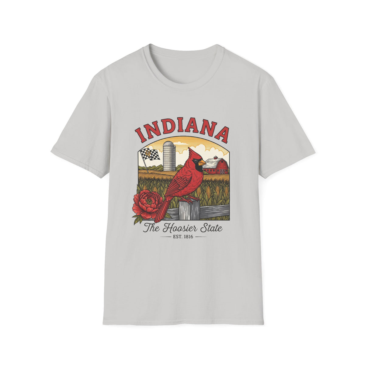 Indiana Cardinal Bird Tee — The Hoosier State Vintage Farm Design Travel Tourist Graphic Design Unisex 100 Cotton Gildan T-Shirt