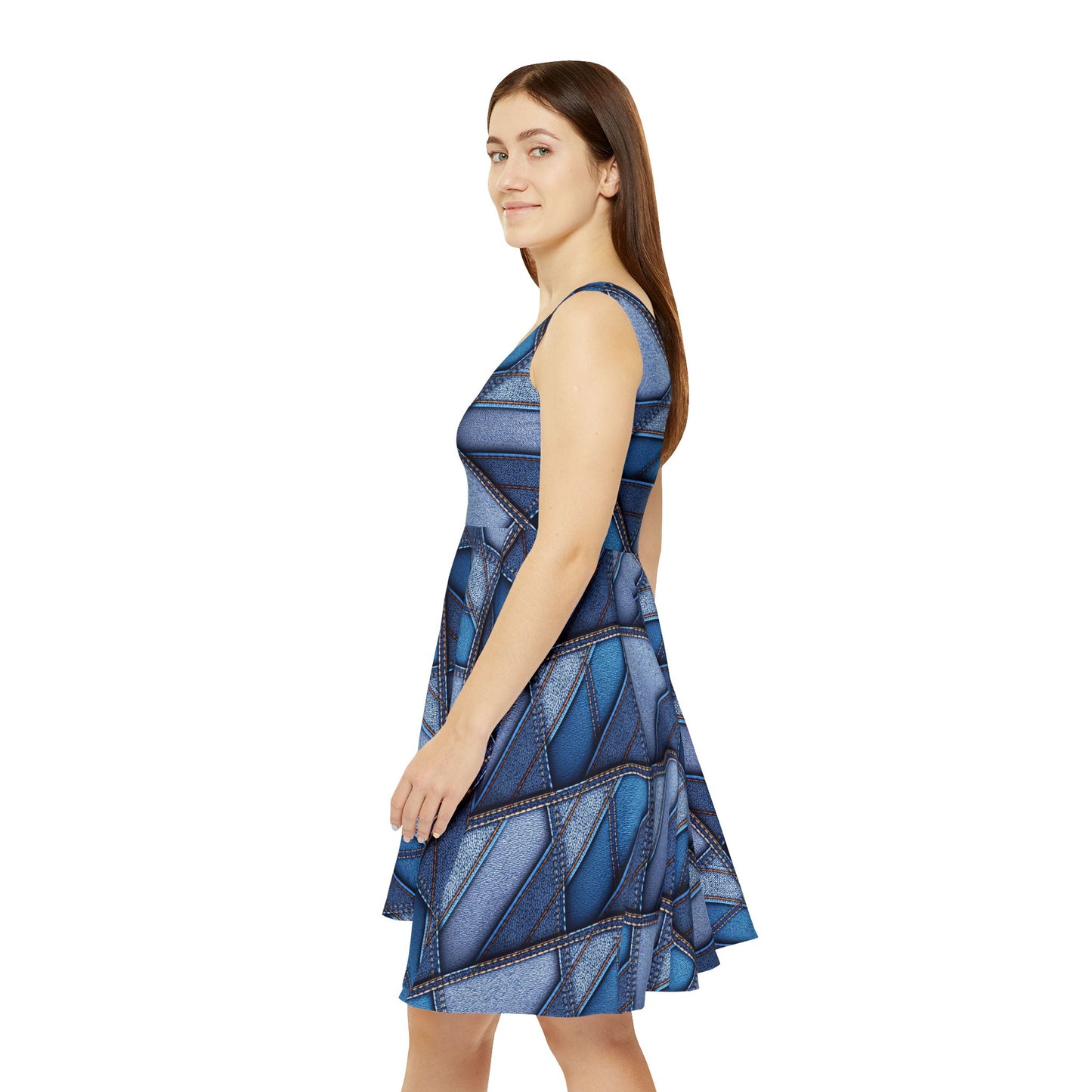 Women Denim Print Skater Dress, Denim Print Poly-Span Dress - 23