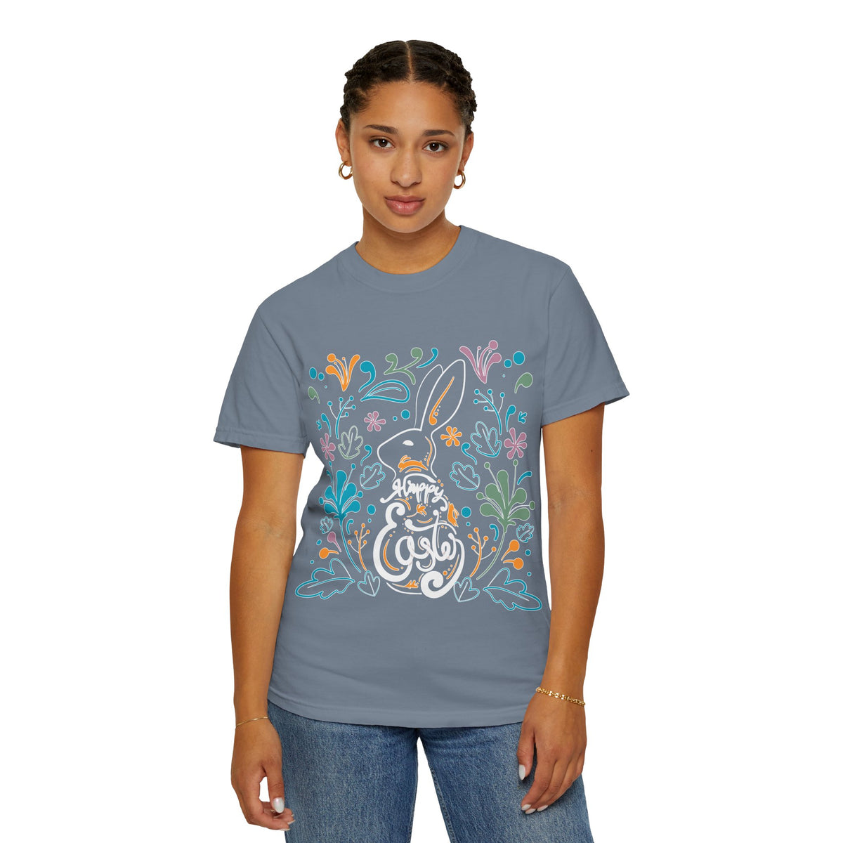 Easter Bunny Floral T-Shirt, Tee Shirt with Easter Signature, T Shirt with Easter Prints, Tee Shirt with Easter Design