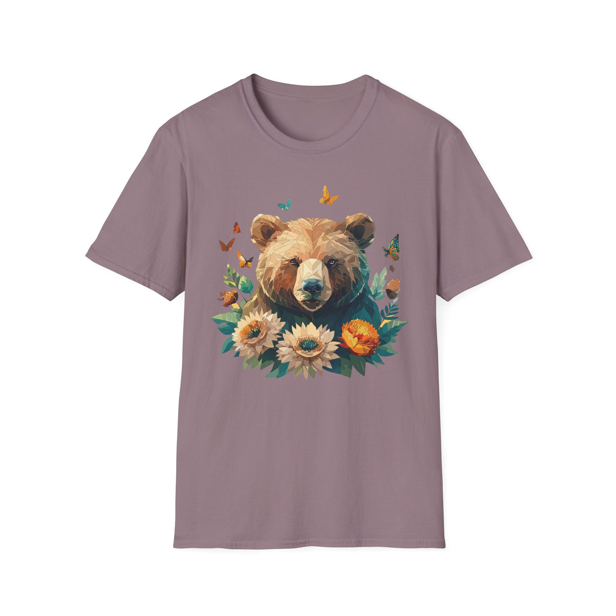 Floral Bear Illustration T-Shirt | Bear with Sunflowers and Butterflies