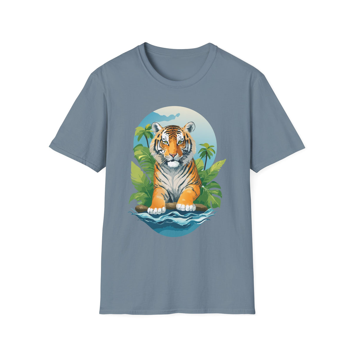 Tropical Tiger Illustration T-Shirt | Jungle Palm Sunset Tee