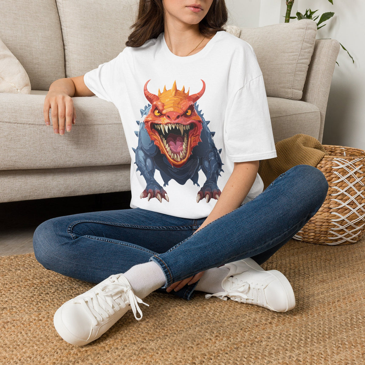 Dragon Monster T-Shirt — Fierce Orange & Blue Fantasy Creature Cartoon Graphic Tee Unisex 100 Cotton Gildan T-Shirt