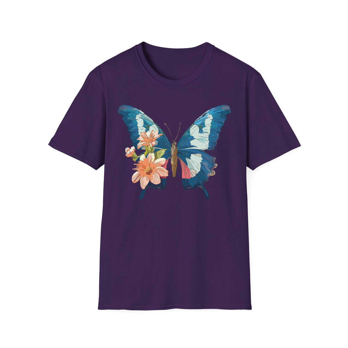 Blue Butterfly Floral Print T-Shirt | Botanical Wings Graphic Tee Unisex 100 Cotton Gildan T-Shirt