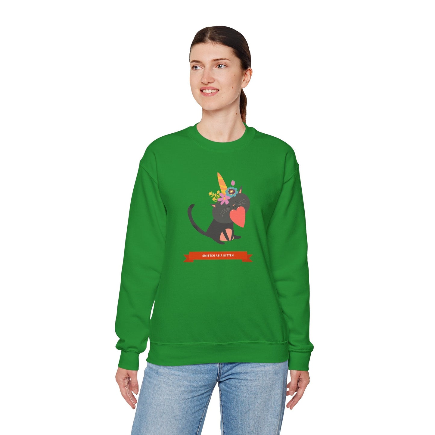 Cat Heart Sweatshirt Unisex Valentine Gift 50/50 Cotton-Poly Crewneck Gildan 18000