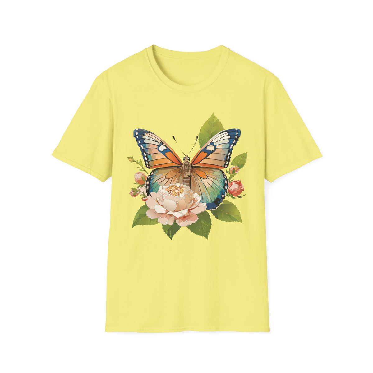 Butterfly Floral T-Shirt — Watercolor Monarch & Roses Graphic Tee Unisex 100 Cotton Gildan T-Shirt