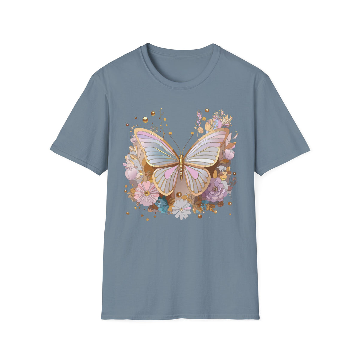 Pastel Butterfly Floral T-Shirt — Gold Accent Butterfly Graphic Design Unisex 100 Cotton Gildan T-Shirt