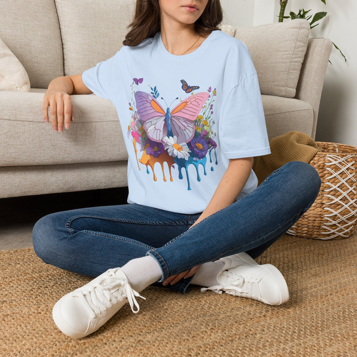Butterfly Watercolor Drip T-Shirt — Pastel Floral Butterfly Graphic Design Unisex 100 Cotton Gildan T-Shirt