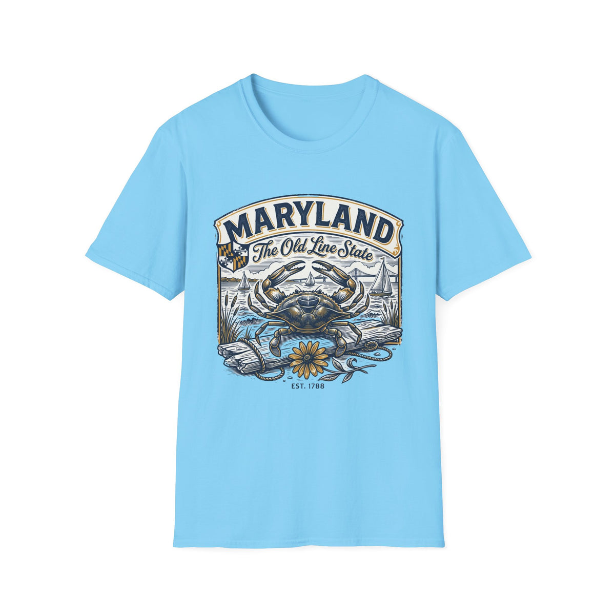 Maryland The Old Line State T-Shirt — Blue Crab Chesapeake Vintage Travel Tourist Graphic Design Unisex 100 Cotton Gildan T-Shirt