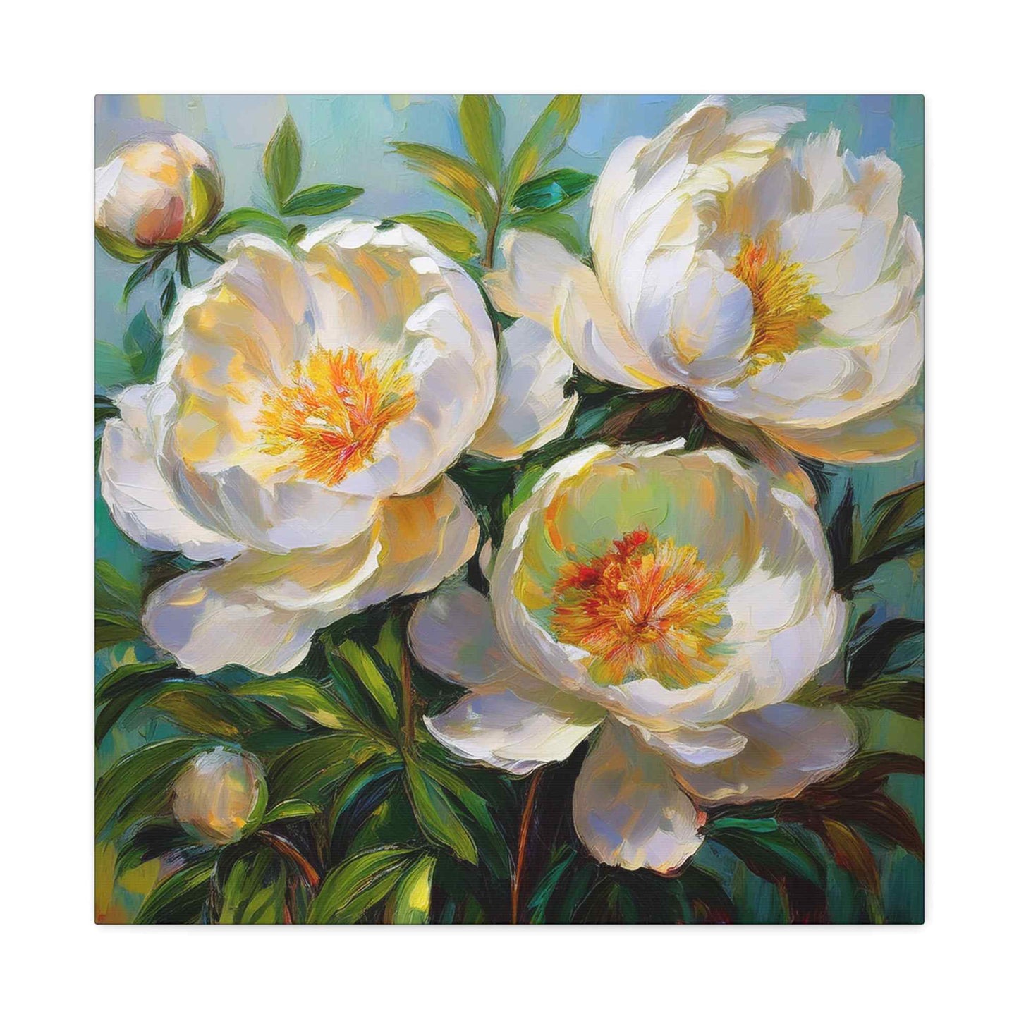 White Peonies Print Canvas, Floral Oil Paint Print 20x20, 24x24, 30x30, 32x32, 36x36 Art Design Pine-Wood Inner Frame MC-117