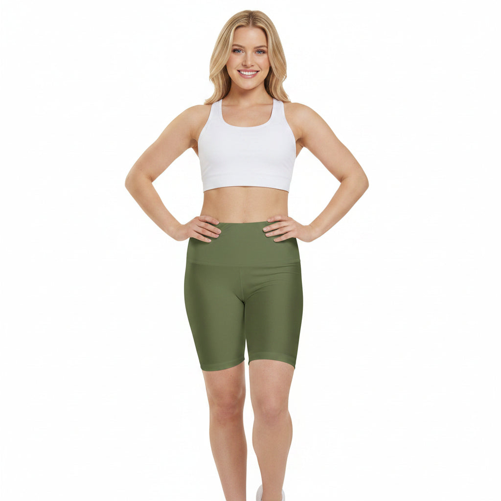 Moss Olive High-Waist Women's Workout Shorts - Athletic Biker Shorts
