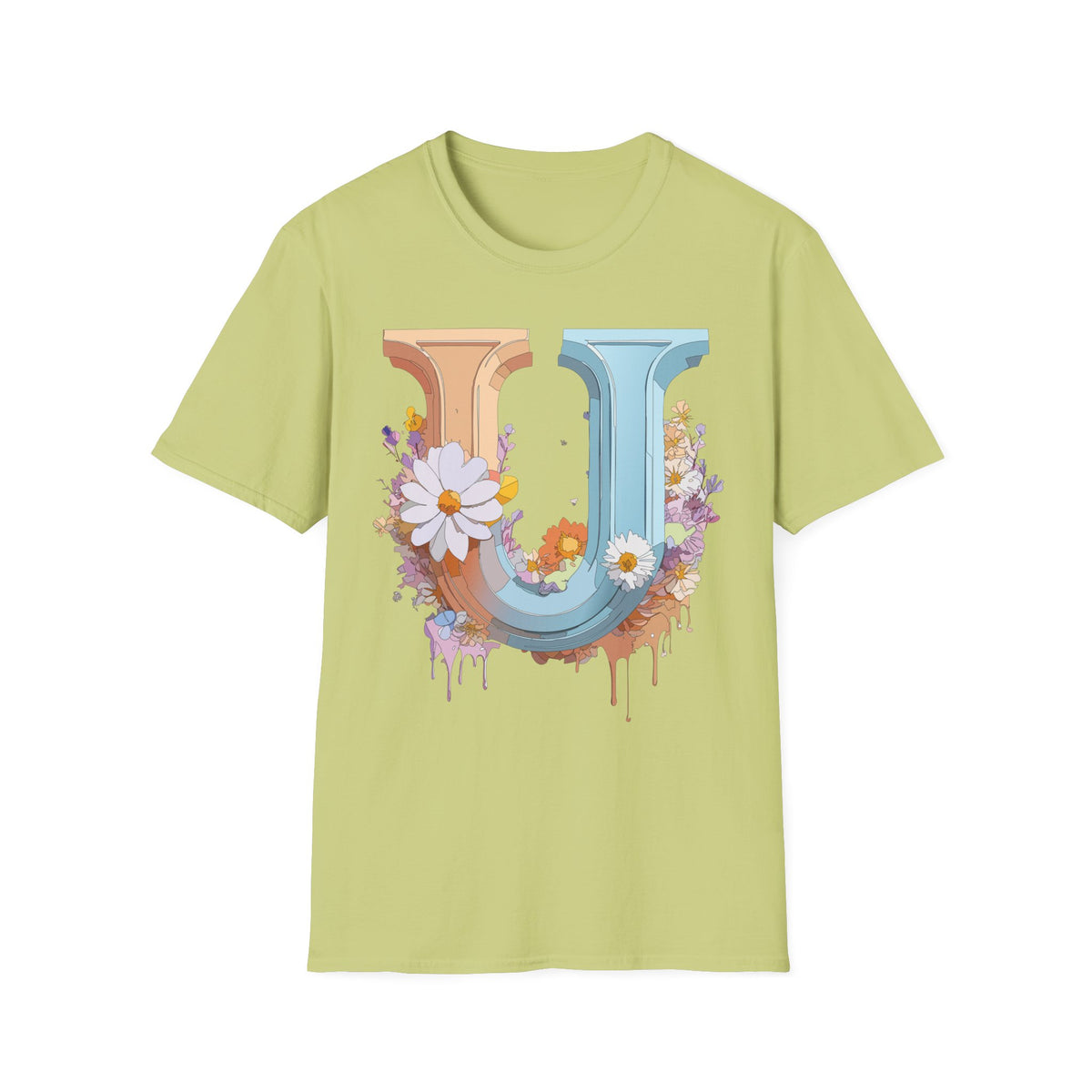 Floral Letter U T-Shirt | Vintage Block Initial with Daisies