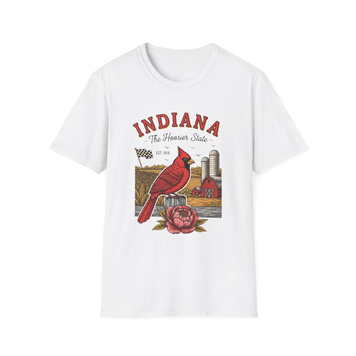 Indiana Cardinal Bird Farm Tee — Indiana The Hoosier State Graphic Travel Tourist Graphic Design Unisex 100 Cotton Gildan T-Shirt