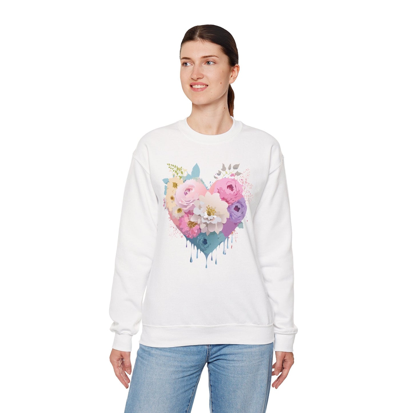 Floral Heart Unisex Crewneck Sweatshirt With Floral Love Valentines Day Design Premium Heavy Blend