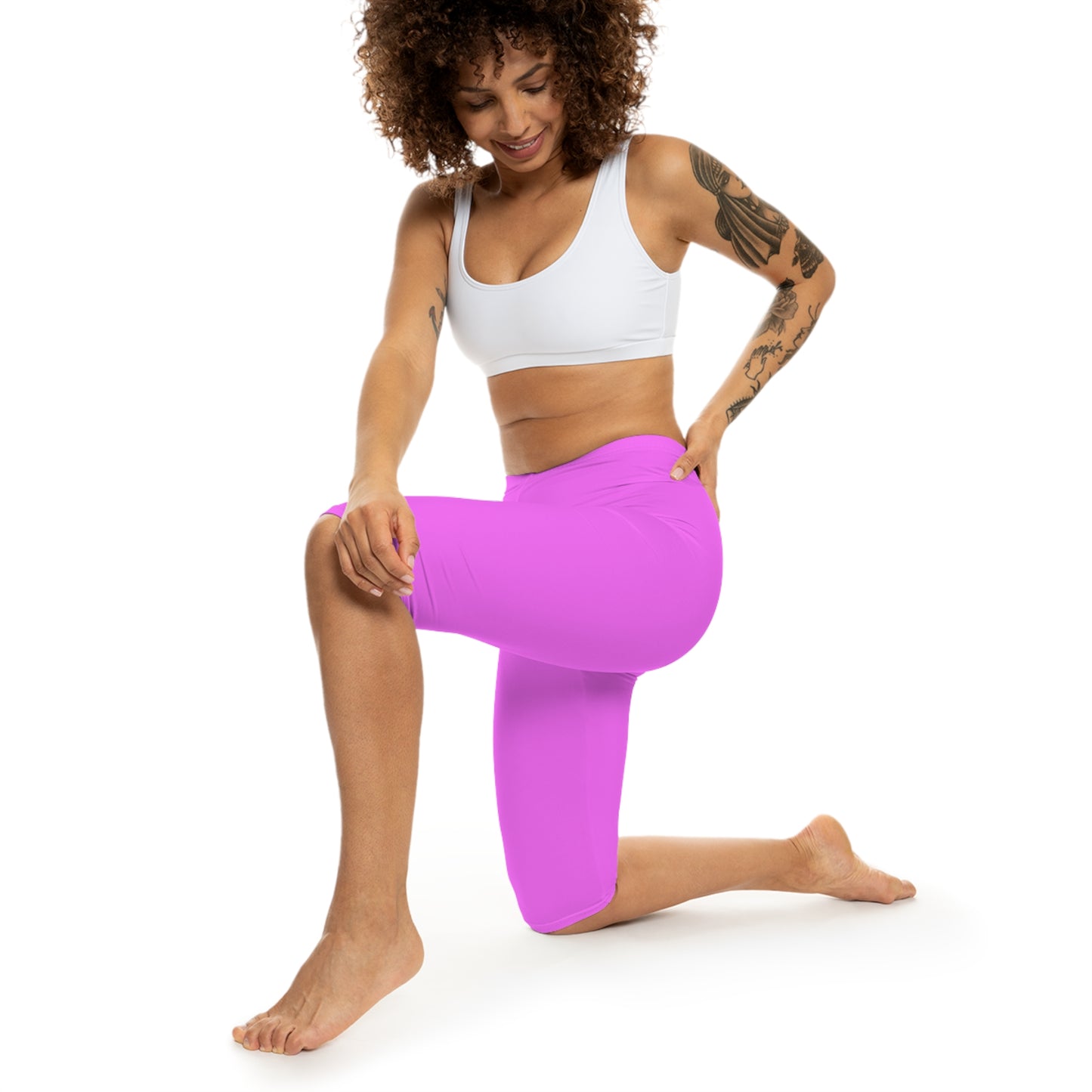 Bright Peony Purple Color Women's Brushed Suede Poly Span Casual Capri Leggings XS-2XL