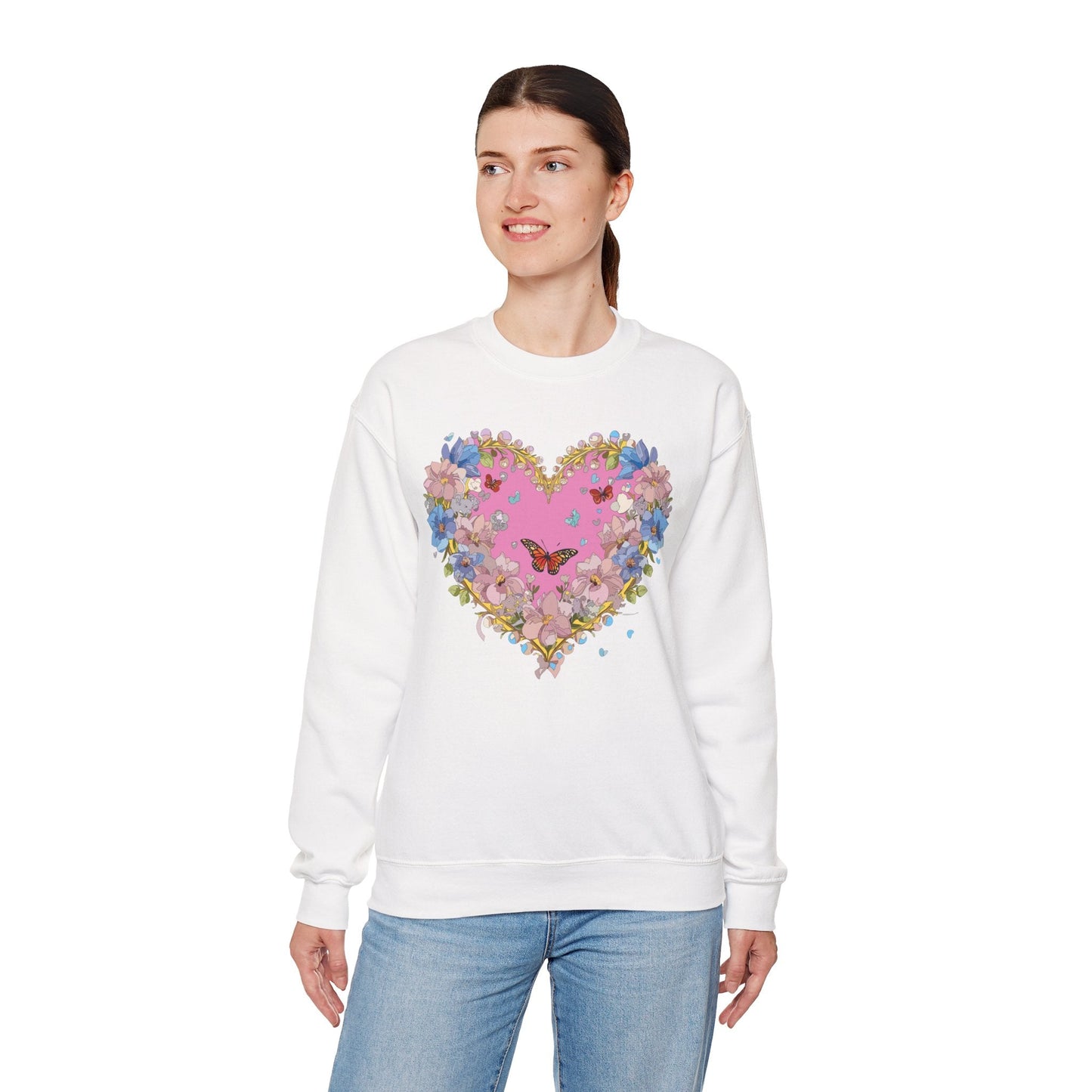 Floral Heart Sweatshirt Unisex Crewneck Gildan 18000 Fifty Fifty Cotton Polyester Valentine's Day