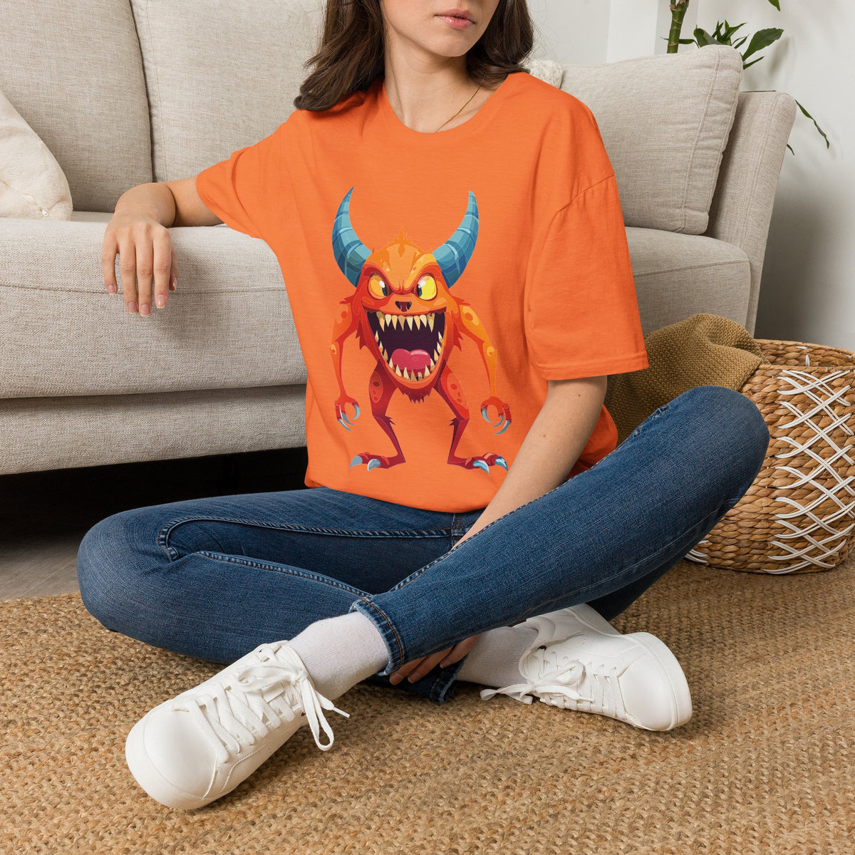 Orange Horned Monster T-Shirt — Cute Scary Cartoon Tee for Kids & Halloween Cartoon Graphic Tee Unisex 100 Cotton Gildan T-Shirt