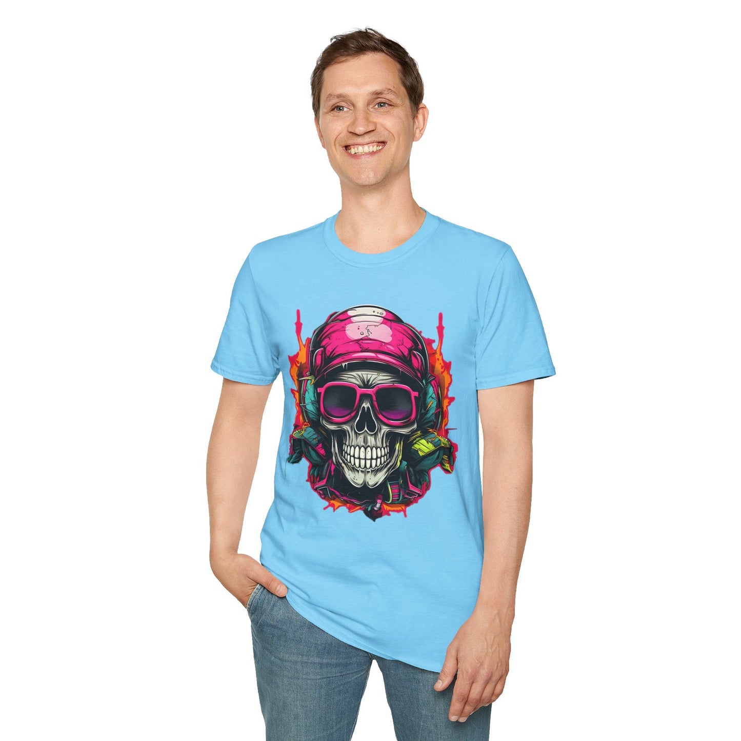 Unisex Skull Tee Shirt With Skeleton Design Gildan Softstyle 64000 Ring Spun Cotton