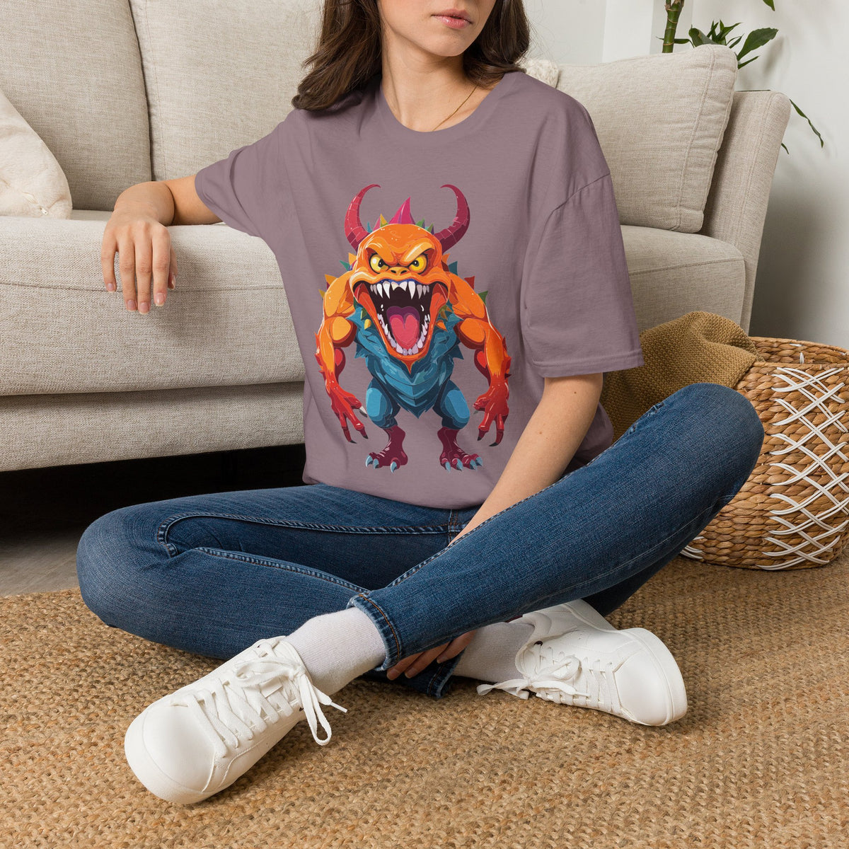 Monster Graphic T-Shirt — Fierce Orange Demon Design Cartoon Graphic Tee Unisex 100 Cotton Gildan T-Shirt
