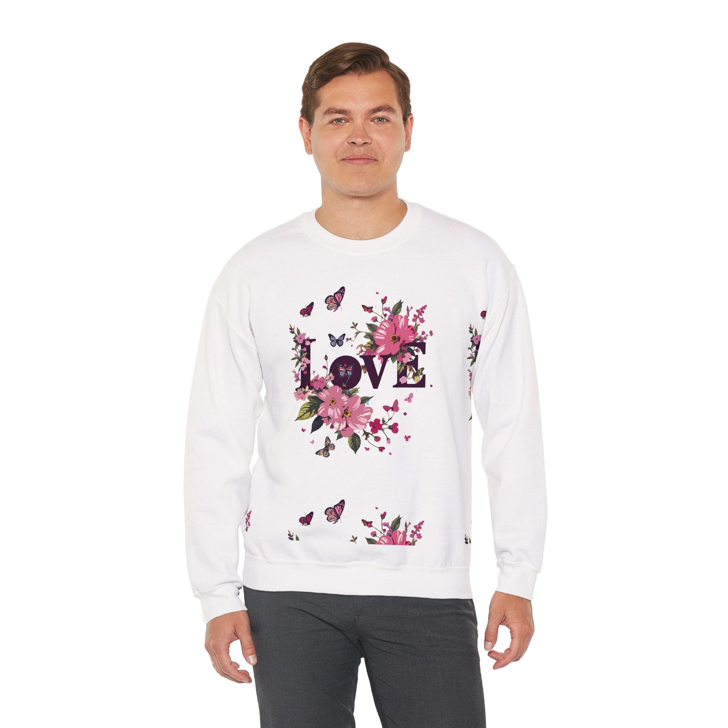 Unisex Floral Love Sweatshirt, Love Floral Sweatshirt, Floral Butterfly Sweatshirt, 50/50 Cotton-Poly Valentine's Day Sweatshirt 05