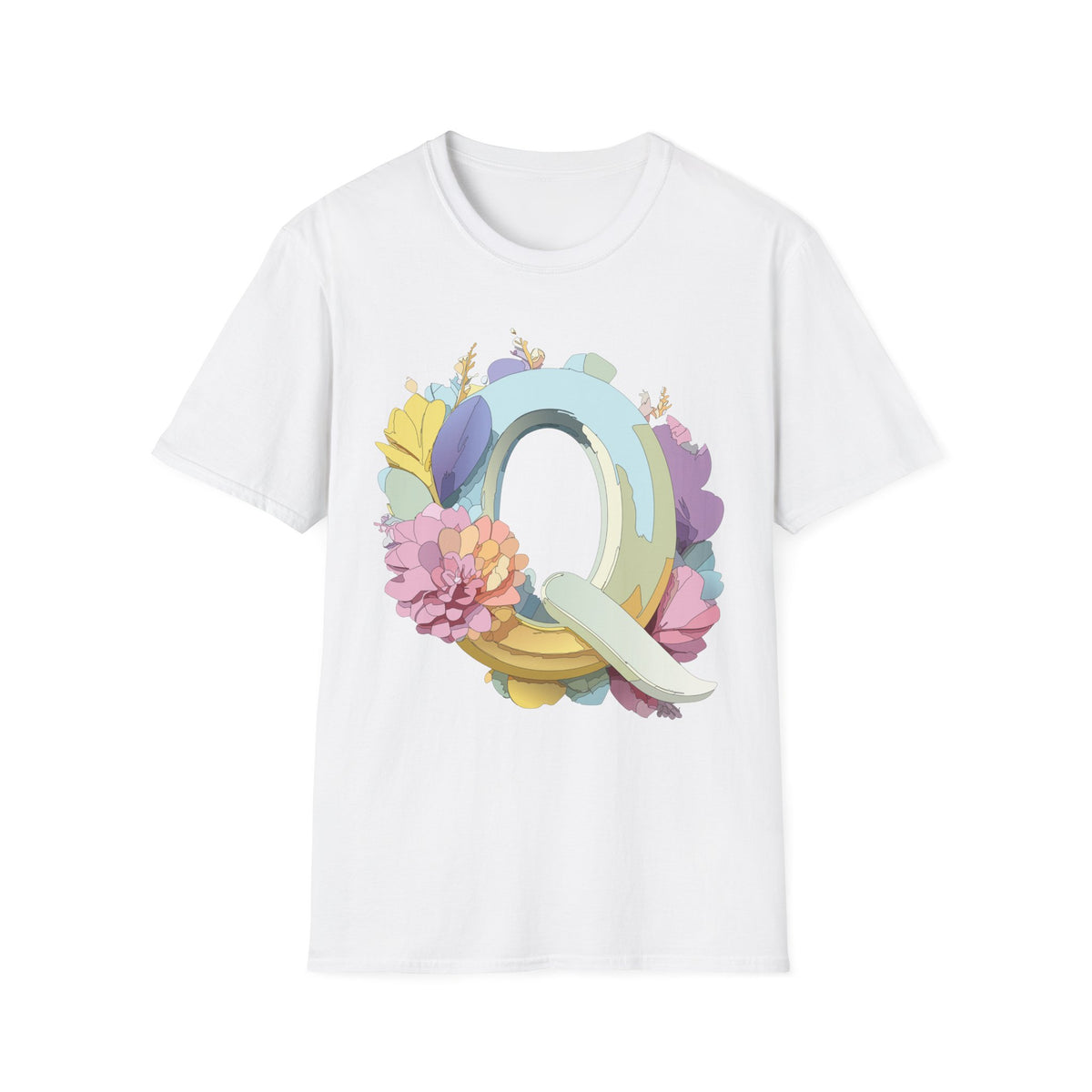 Floral Letter Q T-Shirt | Pastel Monogram Tee, Botanical Initial Shirt